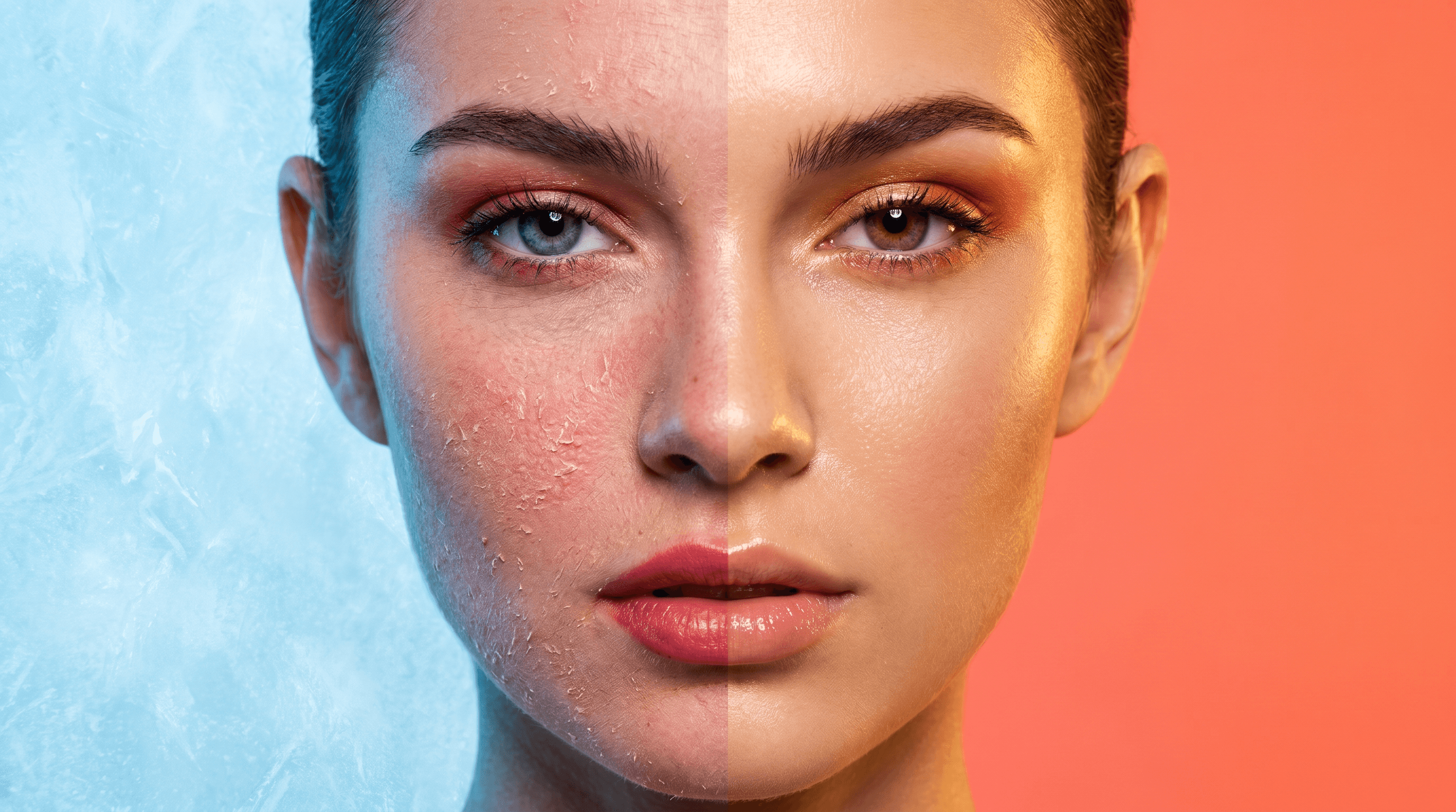 A close-up of a young woman pressing a thick, hydrating cream into her cheek with a confident expression, set against a bold winter-toned background